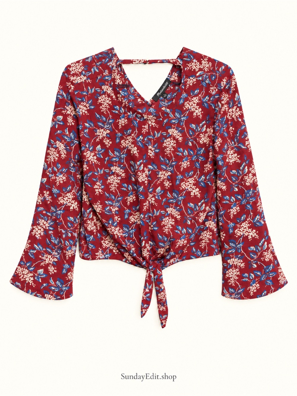 Madewell Antique Floral Bell-Sleeve Tie-Front V-Neck Blouse | Size M